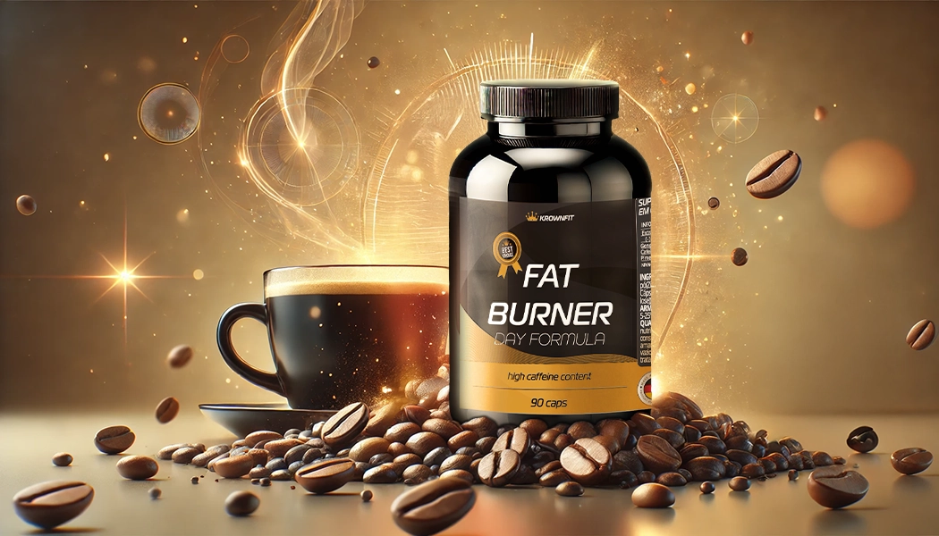 Frasco de Fat Burner Day Formula Krownfit, suplemento vegan com chá verde, gengibre e cafeína.