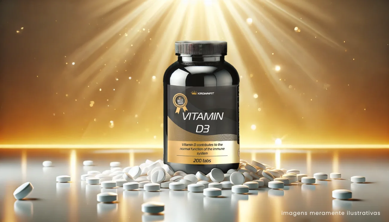 rasco de Vitamina D3 Krownfit 1000 UI com 200 comprimidos vegan para suporte imunológico e saúde óssea. Comprimidos redondos de vitamina D3 vegan Krownfit, ideais para reforçar a imunidade e a saúde óssea.