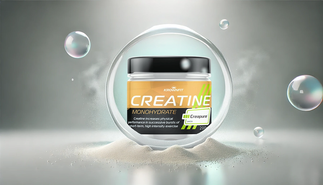 Frasco de Creatina Creapure Krownfit com pureza garantida pelo parceiro licenciado Creapure® (24KO26). Pó de creatina Creapure Krownfit para força e desempenho durante treinos intensos.