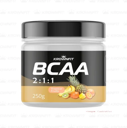 bcaa-krownfit-250g Frasco de BCAA 2:1:1 Krownfit tropical com 250g para energia e recuperação.