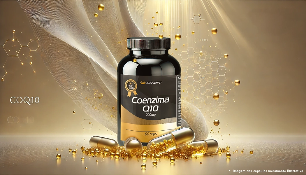 Embalagem de COENZIMA Q10 200MG KROWNFIT com 60 cápsulas de 200mg cada. Coenzima Q10 com 200mg por dose, ideal para saúde e energia celular. 