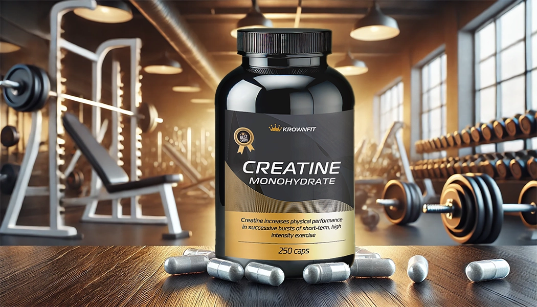Embalagem de creatina monohidratada em cápsulas da Krownfit, suplemento para força e resistência. Cápsulas de creatina monohidratada com 800 mg cada, ideal para treinos de alta intensidade.