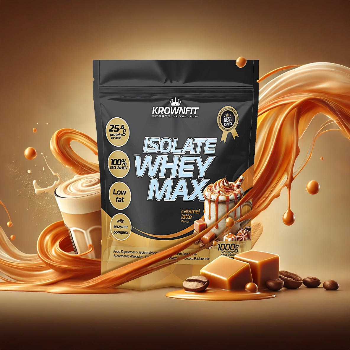 Um pacote de Whey Protein Isolado sabor caramel latte, da marca Krownfit, com 1000g, destacado em primeiro plano. O produto apresenta um design elegante em preto e dourado, com detalhes que destacam os benefícios como a manutenção de ossos normais e o crescimento muscular.