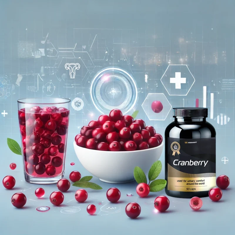 Frasco do suplemento Cranberry Krownfit ao lado de um copo de sumo de arandos e uma tigela cheia de arandos frescos. A imagem inclui gráficos tecnológicos representando a saúde urinária e antioxidante, destacando os benefícios do cranberry. Fundo azul-claro com ícones médicos e científicos.