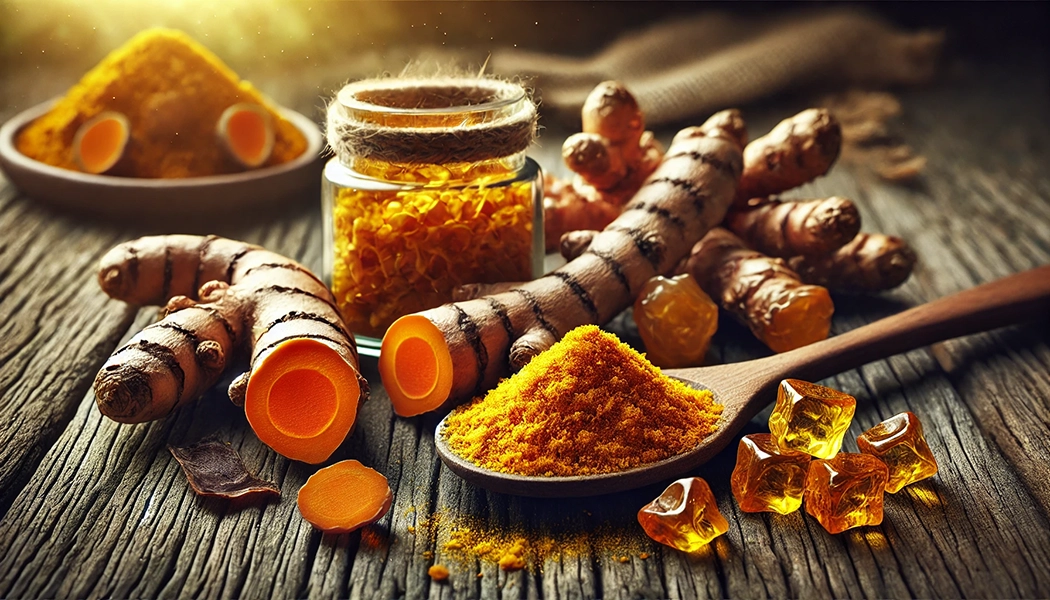 Raízes de cúrcuma vibrante e resina de Boswellia sobre superfície rústica, destacando os ingredientes naturais do suplemento para saúde articular.