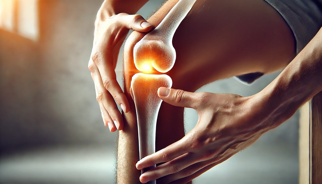 Mãos massageando o joelho para alívio das articulações, representando mobilidade e redução da inflamação com o suplemento de cúrcuma e boswellia.