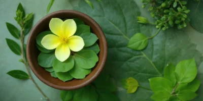 Planta Tribulus terrestris com folhas compostas e flores amarelas de cinco pétalas