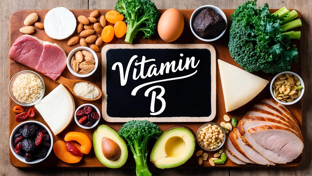 Alimentos ricos em vitaminas do complexo B como carne, ovos, vegetais verdes, abacate, frutos secos e leguminosas